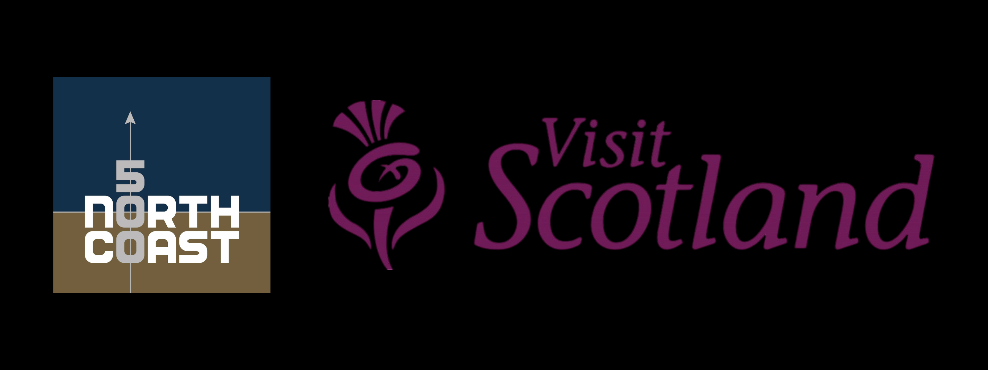 North Coast 500 logo beside purple VisitScotland thistle logo on black background.