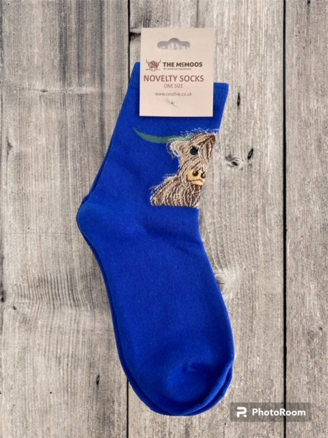 Pair of McMoo Highland Cow Socks in the original style featuring a painted Highland cow design by Jennifer Hogwood on a neutral background.