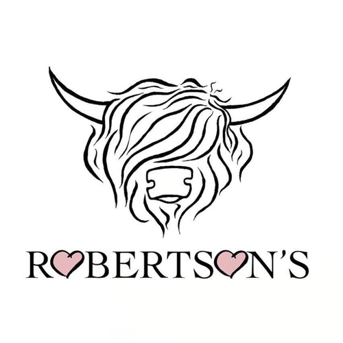 Robertson’s Farm Shop logo – black line-art Highland cow head above ‘Robertson’s’ wordmark with pink heart-shaped O’s.