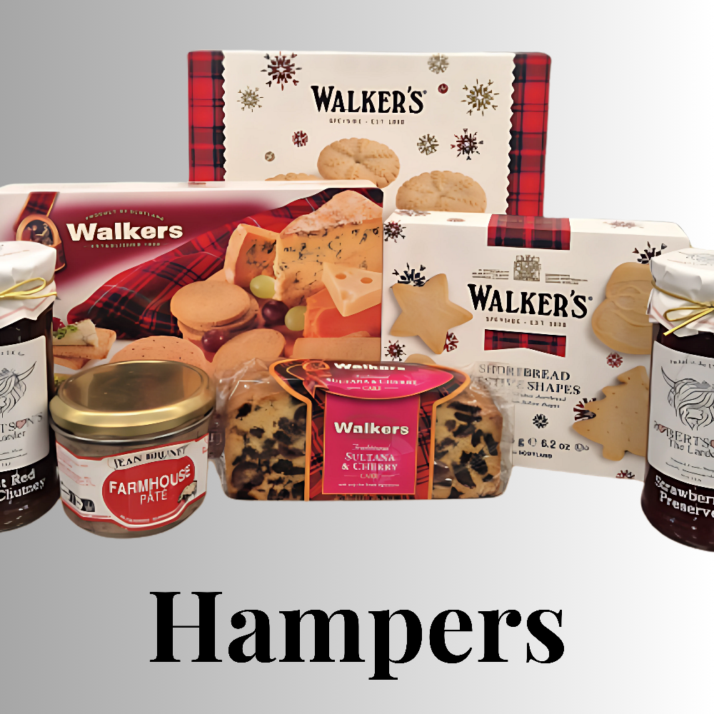 Selection of Scottish food-hamper treats: Walker’s shortbread gift tins and boxes, farmhouse pâté jar, Robertson’s strawberry preserve, and cherry & sultana loaf, arranged against a silver-gray gradient background with large ‘Hampers’ heading below.

