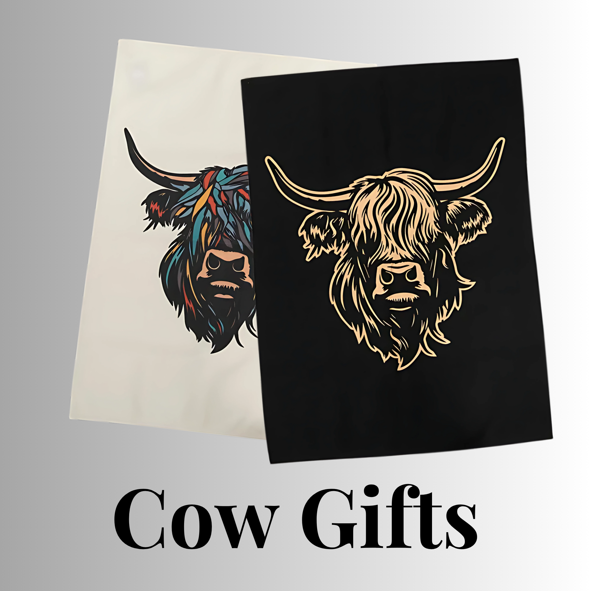 Two tea towels featuring colourful Highland-cow illustrations with the words ‘Cow Gifts’ beneath.